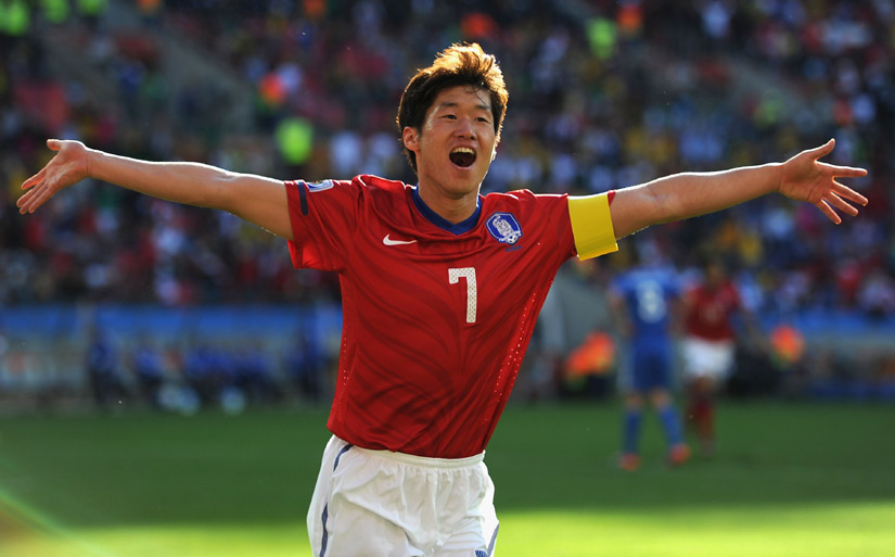 Ji-Sung Park celebrates after scoring South Korea's second goal against Greece.